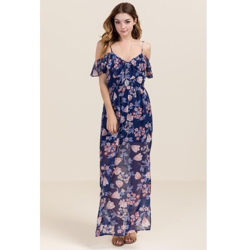 Miami Cold Shoulder maxi gown blue floral print S